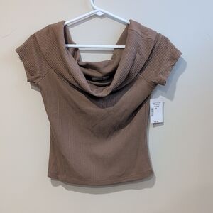 Brown Ribbed Cowl Neck Top